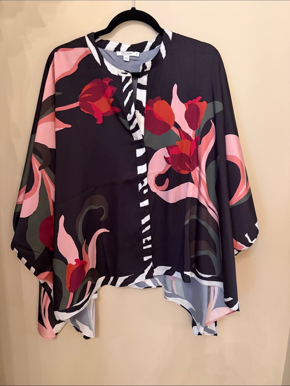Chico's Black Tunic with Pink and Red Floral Accents